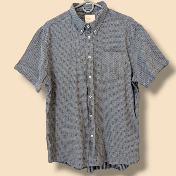 Billy Reid Blue Patterned Woven Cotton Short Sleeve Button-Up Tuscumbia Shirt LG - Picture 2 of 8